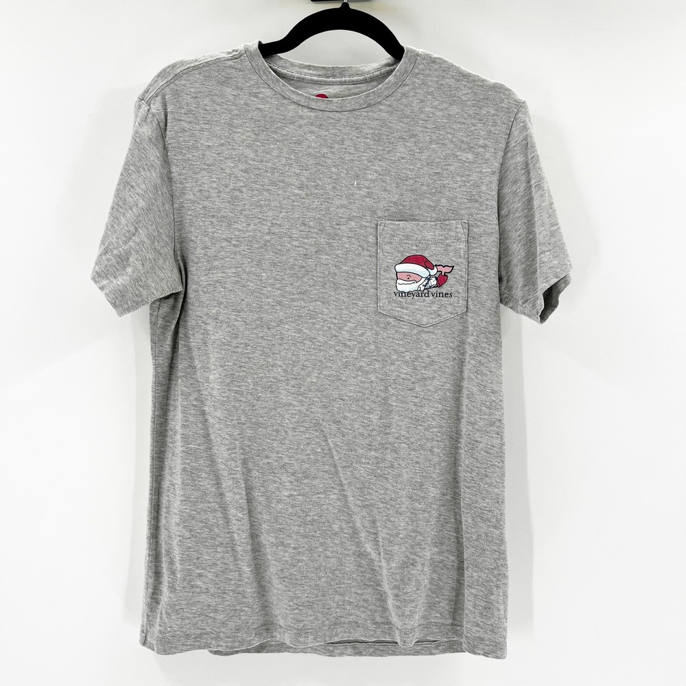Vineyard Vines‎ T-Shirt Womens XS Gray Excellent Santa Whale Graphic Pocket Tee
